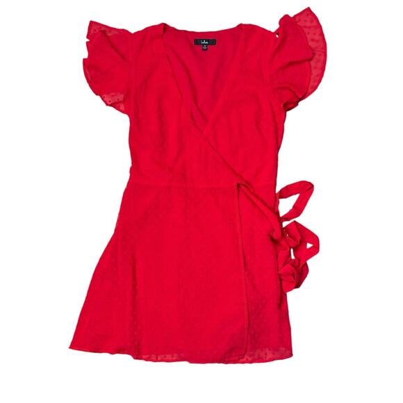 Lulus Much to Celebrate Red Swiss Dot Flutter Sleeve Wrap Mini Dress - Picture 8 of 14